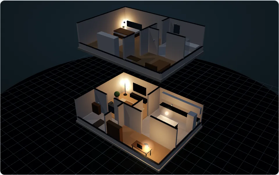 Maquette 3D en coupe d'une maison de démonstration, pièces éclairées la nuit